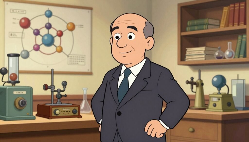 Enrico Fermi, a distinguished Nobel Prize-winning physicist, stands confidently in a laboratory setting, surrounded by vintage scientific instruments and diagrams of nuclear reactions. He is depicted wearing a professional suit, with a thoughtful expression that reflects his genius and dedication to science. The foreground captures his figure, while the middle ground showcases shelves filled with books and equipment, emphasizing his role as a pivotal figure in the Nuclear Age. In the background, soft lighting casts a warm glow, enhancing the atmosphere of innovation and discovery. The scene conveys a sense of respect and admiration for Fermi's contributions to science. The image should be colorful, friendly, and minimal, with a focus on the subject. The logo "Debsie" subtly integrated into the image.