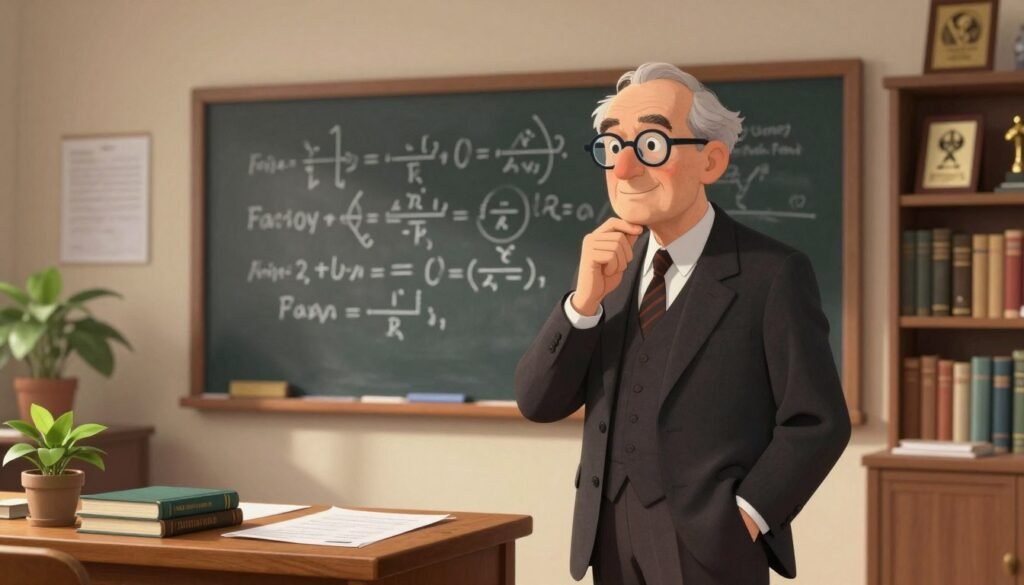 Erwin Schrödinger stands thoughtfully in a well-lit academic office, exuding an air of wisdom and curiosity. He is depicted wearing a classic suit with a tie, glasses perched on his nose, and a subtle smile. In the foreground, a small wooden desk is adorned with papers, quantum physics books, and a potted plant. The middle ground features a chalkboard filled with complex equations, illustrating his groundbreaking work. The background showcases shelves lined with books and scholarly awards, emphasizing his stature in the scientific community. Soft, warm lighting bathes the scene, creating an inviting atmosphere, while the composition is shot from a slight angle, capturing his contemplative expression. This visually rich portrayal reflects Schrödinger’s profound impact on quantum mechanics. --v 5 --ar 16:9 --style Debsie Erwin Schrödinger stands thoughtfully in a well-lit academic office, exuding an air of wisdom and curiosity. He is depicted wearing a classic suit with a tie, glasses perched on his nose, and a subtle smile. In the foreground, a small wooden desk is adorned with papers, quantum physics books, and a potted plant. The middle ground features a chalkboard filled with complex equations, illustrating his groundbreaking work. The background showcases shelves lined with books and scholarly awards, emphasizing his stature in the scientific community. Soft, warm lighting bathes the scene, creating an inviting atmosphere, while the composition is shot from a slight angle, capturing his contemplative expression. This visually rich portrayal reflects Schrödinger’s profound impact on quantum mechanics. --v 5 --ar 16:9 --style Debsie