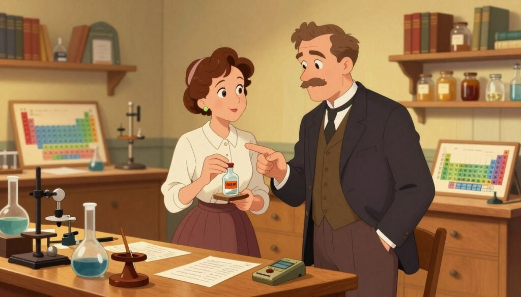 Foreground: A focused portrayal of Marie Curie and Pierre Curie in a well-lit laboratory, dressed in early 20th-century professional attire—Marie in a smart blouse and long skirt, Pierre in a suit with a waistcoat. They are engaged in scientific discussion, with Marie holding a vial of radium and Pierre pointing at an experiment. Middle: A wooden laboratory table cluttered with various scientific instruments, glassware, and notes showcasing the Curies' groundbreaking discoveries. Visible is a periodic table and a Geiger counter, symbolizing their work in radioactivity. Background: A softly blurred backdrop of shelves filled with books and jars, glowing slightly in warm golden lighting, creating an inviting atmosphere. Mood: The image conveys a sense of collaboration and intellectual pursuit, illustrating the bond between the Curies. Colors: Warm, vibrant hues emphasizing a friendly and productive environment. Brand: Debsie.