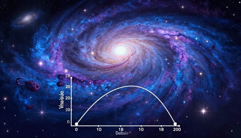 Galactic rotation curves depicted in a scientific style, showcasing vibrant blue and purple spirals representing stars and dark matter in a cosmic background. In the foreground, a graph illustrates the velocity of stars at different distances from the galactic center, with y-axis labeled clearly and data points connected smoothly. The middle layer features a spiral galaxy, rich in detail, with luminous stars and a hazy gaseous halo, while the background displays a vast expanse of deep space dotted with distant galaxies and nebulae. Lighting should be soft and ethereal, creating a sense of mystery and curiosity. Use a wide-angle lens effect to capture the depth of the universe. The overall mood is awe-inspiring and scientific, emphasizing the wonders of galactic dynamics. Brand name: Debsie.