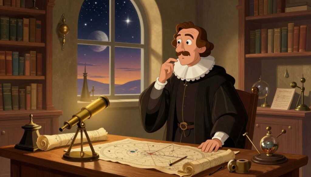 Galileo Galilei, depicted as a distinguished man in his 50s with a thoughtful expression, wearing a dark, flowing robe and a white ruffled collar, stands in the foreground. He is surrounded by an elaborate wooden table filled with ancient scrolls, a telescope, and celestial maps. In the middle ground, a large window reveals a twilight sky filled with stars and a distant planet, symbolizing his groundbreaking contributions to astronomy. The background features a richly decorated study filled with bookshelves and scientific instruments, bathed in warm, golden lighting to create an atmosphere of inspiration and intellect. The scene conveys a sense of profound legacy and discovery, illuminated by a soft, inviting glow. The image should be colorful, helpful, and minimal, echoing the theme of enlightenment. Designed by Debsie. Galileo Galilei, depicted as a distinguished man in his 50s with a thoughtful expression, wearing a dark, flowing robe and a white ruffled collar, stands in the foreground. He is surrounded by an elaborate wooden table filled with ancient scrolls, a telescope, and celestial maps. In the middle ground, a large window reveals a twilight sky filled with stars and a distant planet, symbolizing his groundbreaking contributions to astronomy. The background features a richly decorated study filled with bookshelves and scientific instruments, bathed in warm, golden lighting to create an atmosphere of inspiration and intellect. The scene conveys a sense of profound legacy and discovery, illuminated by a soft, inviting glow. The image should be colorful, helpful, and minimal, echoing the theme of enlightenment. Designed by Debsie.