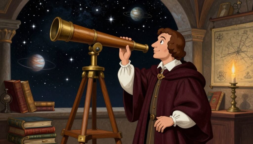 Galileo Galilei, depicted in a richly detailed Renaissance setting, stands at an ornate wooden telescope, intently observing the celestial sky. In the foreground, Galileo wears period-appropriate attire, including a deep burgundy cloak and a simple white shirt, capturing his scholarly demeanor. The middle ground showcases a starry night filled with twinkling stars and planets, reflecting his groundbreaking contributions to observational astronomy. In the background, a dimly lit room filled with ancient books and astronomical charts creates a scholarly atmosphere, illuminated by warm candlelight. The scene conveys a sense of wonder and discovery, inviting the viewer into the revolutionary world of Galileo. The image is colorful yet minimal, capturing the essence of his quest for knowledge. Debsie.