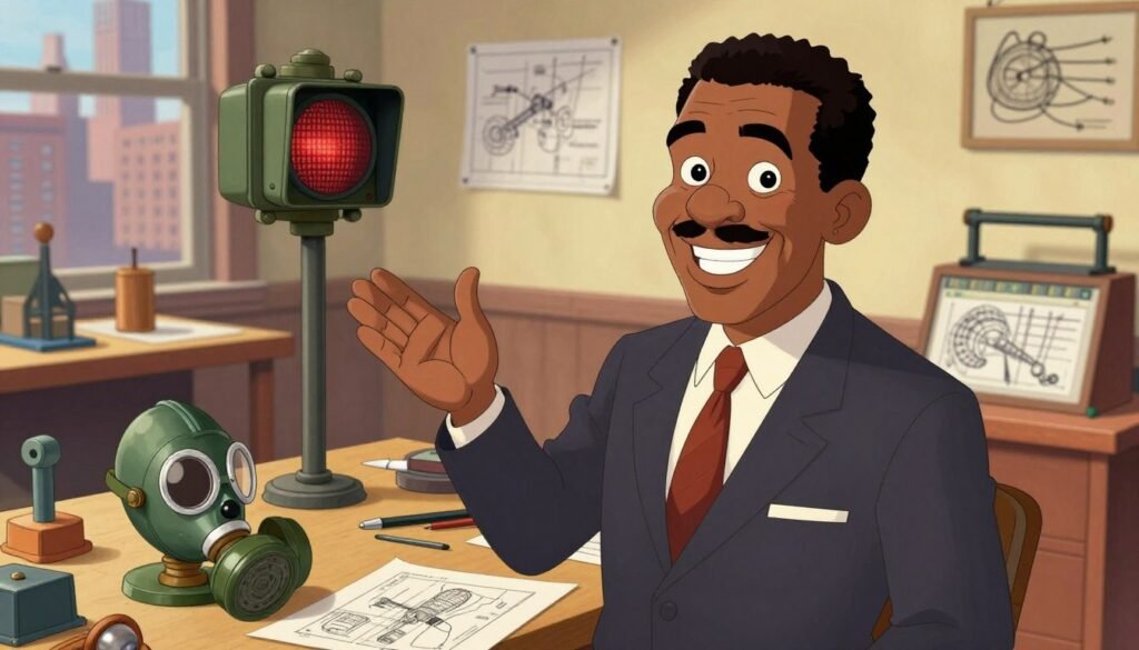Garrett Morgan depicted as a distinguished African-American inventor, in a professional business suit, confidently displaying a bright smile. Foreground features him surrounded by functional prototypes of his inventions, like the three-position traffic signal and an early gas mask, showcasing his innovative spirit. The middle layer includes a workshop with tools and blueprints scattered around, emphasizing a sense of creativity and ingenuity. In the background, a soft-focus urban landscape hints at early 20th-century America, capturing a moment of progress. The lighting is warm and inviting, with soft highlights illuminating Morgan's face, creating an inspirational and friendly atmosphere. Capture this scene using a slightly elevated angle for a dynamic perspective, with a colorful palette to convey optimism and vibrancy. This image should reflect the legacy of Garrett Morgan as a life-saving innovator for the brand Debsie.