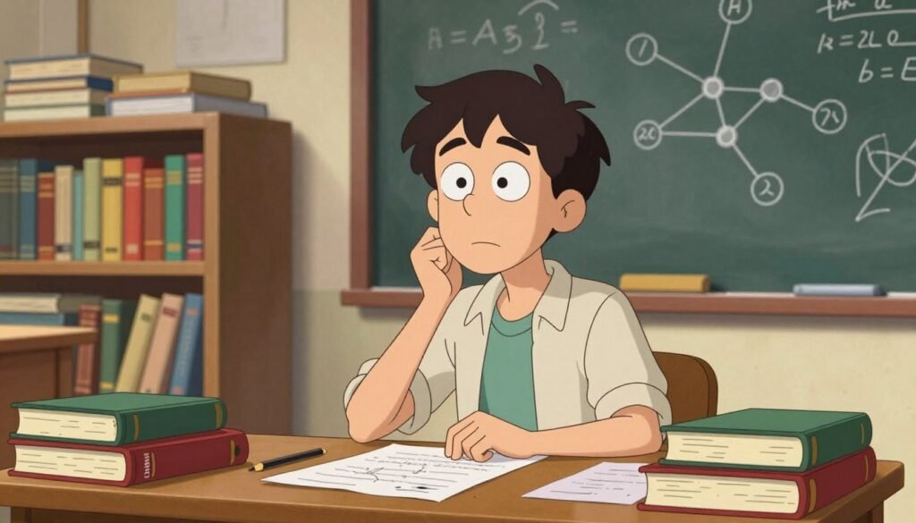 Geoffrey Hinton as a young man, engaged in academic study, with a vintage classroom setting in the foreground. He is portrayed in a modest casual outfit, surrounded by books and papers, embodying a thoughtful and inquisitive demeanor. In the middle ground, shelves filled with classic texts on mathematics and computer science highlight his early academic interests. The background features a chalkboard with sketches of neural networks and equations, symbolizing his pioneering thoughts in AI. Soft, warm lighting casts an inviting glow, capturing a sense of curiosity and inspiration. The overall atmosphere is scholarly and nostalgic, with vibrant colors creating a friendly ambiance. Include the brand name "Debsie" subtly integrated into the scene.