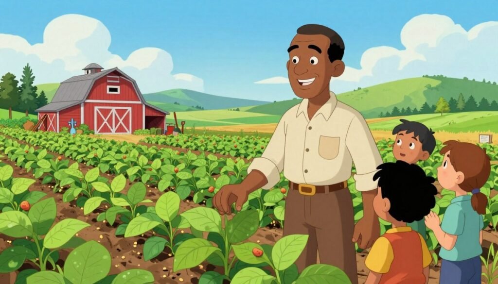George Washington Carver stands in the foreground, surrounded by vibrant, lush green fields of crops like peanuts, sweet potatoes, and soybeans. He wears modest, period-appropriate clothing, showcasing his dedication to agriculture. His warm smile radiates friendliness as he interacts with children who admire the plants, emphasizing the joy of learning. In the middle ground, a quaint barn and farm tools illustrate hard work and innovation. The background features rolling hills and a bright blue sky with fluffy clouds, suggesting a sunny day filled with possibilities. The lighting is soft and natural, creating a welcoming atmosphere. The overall image captures a sense of wonder and inspiration for young minds to explore agricultural science. The brand name "Debsie" subtly integrated into the lower corner adds a touch of professionalism.