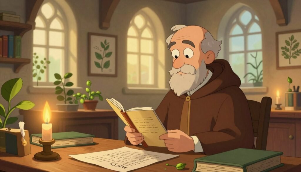 Gregor Mendel as an Abbot, depicted in a serene monastery study filled with books and plants, symbolizes the intersection of faith and science. He is wearing traditional monastic robes, holding a ledger while contemplating his research into genetics, with a thoughtful expression. In the foreground, a wooden desk cluttered with papers and a quill, in warm candlelight, highlights the stoic atmosphere. In the middle, the walls showcase botanical illustrations, reflecting Mendel's experiments with pea plants. The background reveals tall, arched windows letting in soft, golden light, creating a peaceful ambiance. Capture this scene with a focus on Mendel's contemplative demeanor, using a soft-focus lens from a slightly low angle to evoke a sense of reverence. This colorful and friendly room embodies the struggles between administrative duties and scientific inquiry. Style by Debsie. Gregor Mendel as an Abbot, depicted in a serene monastery study filled with books and plants, symbolizes the intersection of faith and science. He is wearing traditional monastic robes, holding a ledger while contemplating his research into genetics, with a thoughtful expression. In the foreground, a wooden desk cluttered with papers and a quill, in warm candlelight, highlights the stoic atmosphere. In the middle, the walls showcase botanical illustrations, reflecting Mendel's experiments with pea plants. The background reveals tall, arched windows letting in soft, golden light, creating a peaceful ambiance. Capture this scene with a focus on Mendel's contemplative demeanor, using a soft-focus lens from a slightly low angle to evoke a sense of reverence. This colorful and friendly room embodies the struggles between administrative duties and scientific inquiry. Style by Debsie.