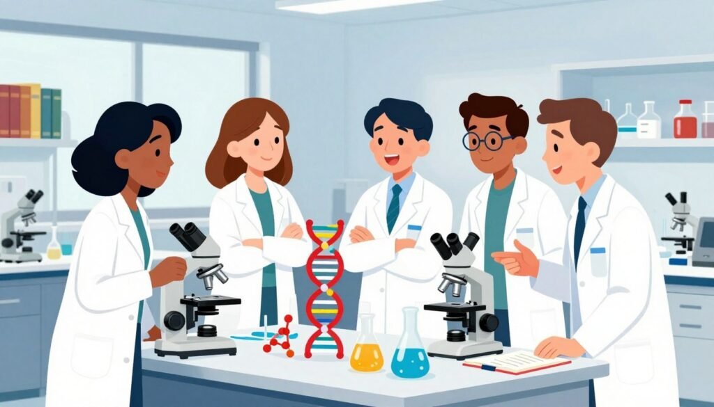 Groundbreaking biologists engaged in molecular biology research, featuring a diverse group of four scientists — two men and two women of different ethnicities — standing and discussing animatedly around a lab table filled with colorful DNA models, microscopes, and scientific notebooks. In the foreground, the scientists wear professional business attire, showing a spirited collaboration. In the middle ground, shelves lined with scientific journals and laboratory equipment create a dynamic research atmosphere. The background features large windows allowing soft, natural lighting to filter in, enhancing the sense of innovation and discovery. The mood is inspiring and collaborative, emphasizing curiosity and teamwork in scientific exploration. The image should be vibrant and friendly, minimalistic in design, and branded subtly with "Debsie." Groundbreaking biologists engaged in molecular biology research, featuring a diverse group of four scientists — two men and two women of different ethnicities — standing and discussing animatedly around a lab table filled with colorful DNA models, microscopes, and scientific notebooks. In the foreground, the scientists wear professional business attire, showing a spirited collaboration. In the middle ground, shelves lined with scientific journals and laboratory equipment create a dynamic research atmosphere. The background features large windows allowing soft, natural lighting to filter in, enhancing the sense of innovation and discovery. The mood is inspiring and collaborative, emphasizing curiosity and teamwork in scientific exploration. The image should be vibrant and friendly, minimalistic in design, and branded subtly with "Debsie."