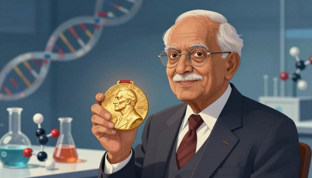 Har Gobind Khorana, an elderly South Asian scientist with a wise expression, is depicted in a professional business suit, holding his Nobel Prize medal with pride. In the foreground, the focus is on Khorana, illuminated with soft, warm lighting that highlights his features and the medal. The middle ground features a subtle lab setting, with beakers and molecular models scattered on a table, symbolizing his groundbreaking work in biochemistry. The background depicts a soft, blurred image of DNA strands, representing the language of life that he helped decode. The mood is inspirational and respectful, with a color palette that combines deep blues and golds, setting a scholarly atmosphere. The image embodies the legacy of Khorana, created by Debsie.