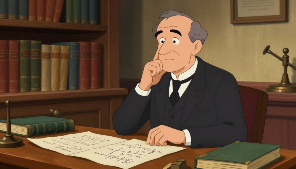 Henri Poincaré, a distinguished French mathematician, is portrayed in a thoughtful pose, wearing a formal suit and tie, reflecting his intellectual gravitas. The foreground features him seated at a vintage wooden desk, surrounded by open books and papers scattered with mathematical equations. The middle ground displays shelves lined with historical mathematical texts and scientific instruments. In the background, a softly lit library room with warm tones creates a cozy yet scholarly atmosphere. The lighting casts gentle shadows, emphasizing his features and the textures of the books. The lens captures the scene from a slightly elevated angle, adding depth. The overall mood is one of contemplation and inspiration, highlighting Poincaré's role as a universalist in mathematics. Colorful and inviting, the composition is designed to be visually striking for readers. Debsie.