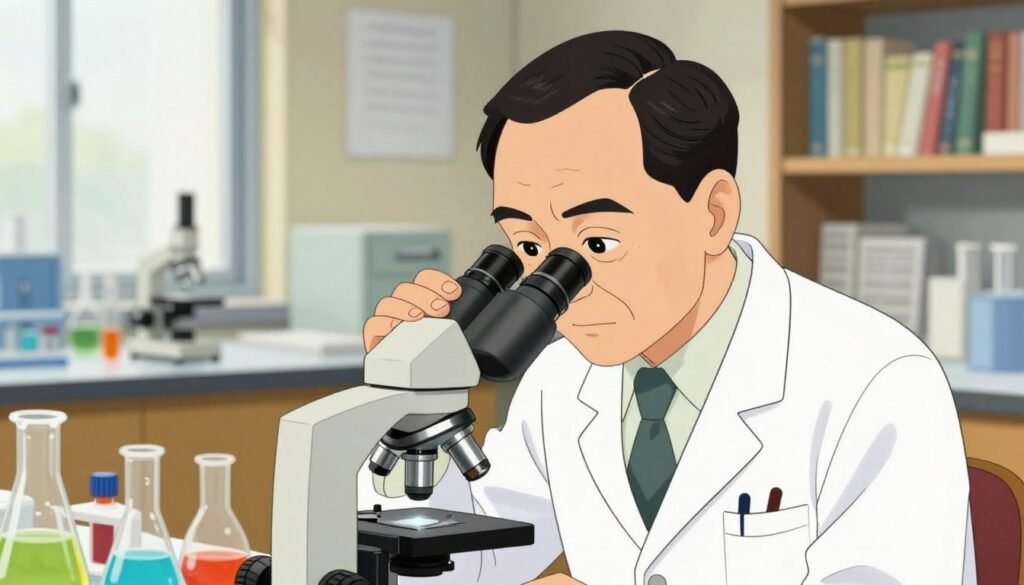 Hideyo Noguchi, prominent Japanese bacteriologist, depicted in a well-lit laboratory setting, wearing a white lab coat and observing a microscope intently. In the foreground, detailed close-up of Noguchi with focused eyes, showcasing his sharp features and thoughtful expression. In the middle ground, various lab equipment and glassware filled with colorful liquids, conveying a sense of scientific innovation. The background features shelves filled with books and research papers, soft bokeh effect to emphasize the subject. Natural lighting from a nearby window enhances the atmosphere, creating a warm and inviting mood. The overall composition is professional yet approachable, suitable for an academic context, colorful and minimal to capture the essence of an influential scientist. Debsie.
