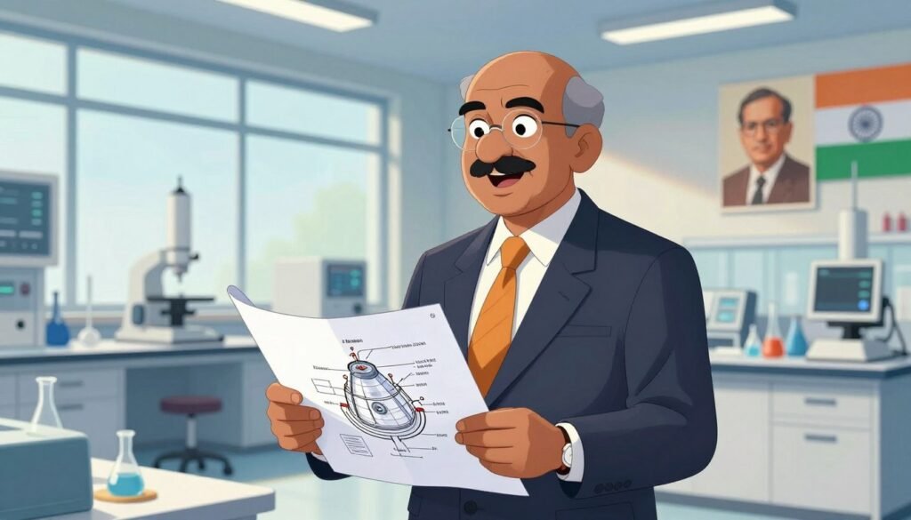 Homi J. Bhabha, an inspiring figure in India's scientific community, stands confidently in a modern laboratory, wearing a sharp, professional suit. His engaging expression reflects determination and intellect. In the foreground, he is holding a blueprint of a nuclear reactor design, symbolizing his pivotal role in India’s nuclear program. The middle ground features advanced scientific equipment and large windows that allow soft, natural light to flood the space, creating an inviting atmosphere. The background showcases a historical portrait of India's space program and the Indian flag, underscoring his contributions to science on a global scale. The image is vibrant, conveying a mood of innovation and progress. --v 5 --ar 16:9 --q 2 --stylize 100 --debsie