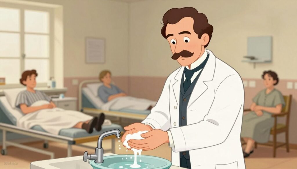 Ignaz Semmelweis, a 19th-century Hungarian physician, stands in a well-lit hospital setting, wearing a white coat and a formal shirt, symbolizing professionalism. In the foreground, he is demonstrating the act of handwashing, with suds on his hands, conveying his groundbreaking insight into hygiene. The middle ground features a vintage hospital ward with patients in modest hospital attire, evoking a sense of urgency and care for health. In the background, soft light filters through large windows, illuminating the sterile environment. The overall atmosphere is one of discovery and enlightenment, with a warm color palette to create an inviting and educational feel. The image reflects the importance of Semmelweis's contribution to medicine, underscoring the necessity of hand hygiene. Brand logo "Debsie" subtly incorporated into the scene.