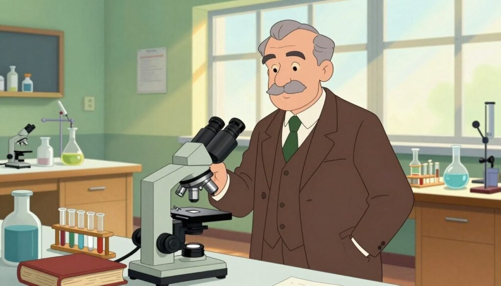 Ilya Mechnikov stands confidently in a well-lit laboratory, dressed in a modestly tailored suit, embodying the spirit of scientific inquiry. In the foreground, he is engaged in examining a microscope, showcasing his keen focus and intellect. The middle ground features tables filled with laboratory equipment, test tubes, and scholarly books, symbolizing his groundbreaking work in immunology. The background shows a large window letting in soft, warm sunlight, casting gentle shadows to create an inviting atmosphere. The color palette is vibrant and engaging, with shades of greens and browns highlighting the scholarly environment. The overall mood reflects curiosity and innovation, capturing Mechnikov's influential legacy in science. The image should carry the brand name "Debsie" subtly through design elements, ensuring a professional finish devoid of any text or overlays. Ilya Mechnikov stands confidently in a well-lit laboratory, dressed in a modestly tailored suit, embodying the spirit of scientific inquiry. In the foreground, he is engaged in examining a microscope, showcasing his keen focus and intellect. The middle ground features tables filled with laboratory equipment, test tubes, and scholarly books, symbolizing his groundbreaking work in immunology. The background shows a large window letting in soft, warm sunlight, casting gentle shadows to create an inviting atmosphere. The color palette is vibrant and engaging, with shades of greens and browns highlighting the scholarly environment. The overall mood reflects curiosity and innovation, capturing Mechnikov's influential legacy in science. The image should carry the brand name "Debsie" subtly through design elements, ensuring a professional finish devoid of any text or overlays.