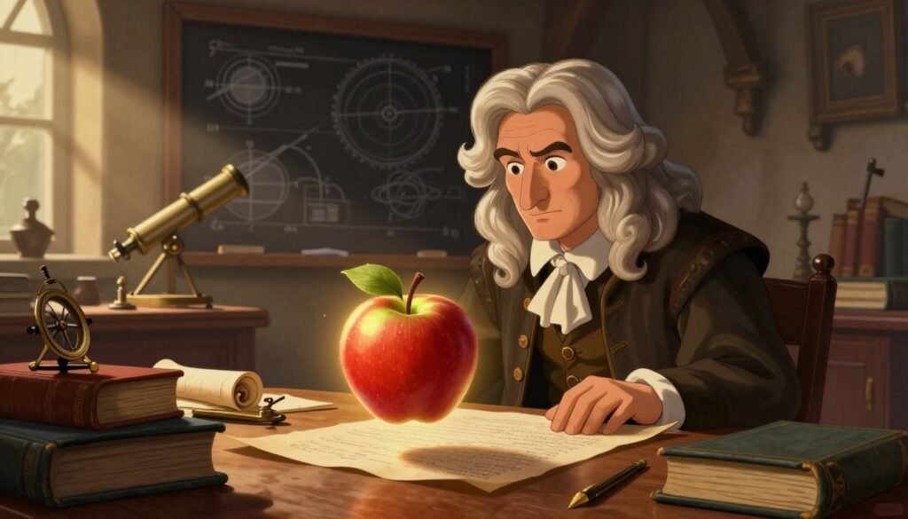 In a dimly lit 17th-century study, Isaac Newton is portrayed with piercing concentration, surrounded by books and scrolls that represent his groundbreaking discoveries. In the foreground, a large apple floats gently, symbolizing the concept of gravity, illuminated by a warm, golden light that highlights its features. The middle ground includes a large wooden desk cluttered with scientific instruments like a compass and a telescope, while a chalkboard filled with diagrams of celestial bodies looms in the background. Soft rays of light filter through a nearby window, casting delicate shadows and creating an atmosphere of intellectual curiosity and discovery. The setting conveys a sense of timeless wisdom and innovation. The image is vibrant and engaging, branded with "Debsie" subtly in the corner, focusing solely on the scientific theme without any text. In a dimly lit 17th-century study, Isaac Newton is portrayed with piercing concentration, surrounded by books and scrolls that represent his groundbreaking discoveries. In the foreground, a large apple floats gently, symbolizing the concept of gravity, illuminated by a warm, golden light that highlights its features. The middle ground includes a large wooden desk cluttered with scientific instruments like a compass and a telescope, while a chalkboard filled with diagrams of celestial bodies looms in the background. Soft rays of light filter through a nearby window, casting delicate shadows and creating an atmosphere of intellectual curiosity and discovery. The setting conveys a sense of timeless wisdom and innovation. The image is vibrant and engaging, branded with "Debsie" subtly in the corner, focusing solely on the scientific theme without any text.