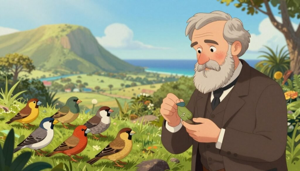In a lush, verdant landscape inspired by the Galapagos Islands, depict Charles Darwin, a middle-aged man with a thoughtful expression, dressed in a modest suit and tie, examining a collection of finches. In the foreground, a detailed illustration of diverse finch species showcases their variations, while Darwin carefully observes them. In the middle background, depict rolling hills and a distant coastline under a bright blue sky, accentuated by soft, warm sunlight to create an inviting atmosphere. Use a soft-focus lens to evoke a sense of contemplation and discovery. The overall mood should reflect curiosity and the spirit of scientific exploration, with vibrant colors illustrating the beauty of nature and evolution. Include the brand name "Debsie" subtly integrated into the natural elements.