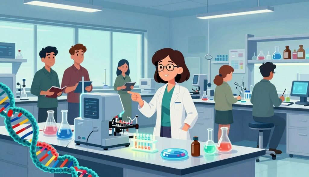 In a vibrant laboratory setting, depict Dr. Jennifer Doudna, a pioneering scientist known for her contributions to the CRISPR Revolution. She is standing confidently at a sleek, modern lab bench, wearing professional attire, surrounded by advanced gene-editing equipment and glowing petri dishes. In the foreground, close-ups of DNA strands and CRISPR models can be seen, emphasizing her groundbreaking work. The middle ground features lab assistants in modest attire observing and taking notes, showcasing collaboration. The background reveals large windows letting in soft, natural light that brightens the space and creates a sense of innovation and hope. Use a wide-angle shot to capture the dynamic environment, with a color palette of blues and greens to evoke a sense of progress and creativity. The overall mood is inspiring and forward-thinking, perfect for illustrating Doudna's impact on science. Brand name: Debsie. In a vibrant laboratory setting, depict Dr. Jennifer Doudna, a pioneering scientist known for her contributions to the CRISPR Revolution. She is standing confidently at a sleek, modern lab bench, wearing professional attire, surrounded by advanced gene-editing equipment and glowing petri dishes. In the foreground, close-ups of DNA strands and CRISPR models can be seen, emphasizing her groundbreaking work. The middle ground features lab assistants in modest attire observing and taking notes, showcasing collaboration. The background reveals large windows letting in soft, natural light that brightens the space and creates a sense of innovation and hope. Use a wide-angle shot to capture the dynamic environment, with a color palette of blues and greens to evoke a sense of progress and creativity. The overall mood is inspiring and forward-thinking, perfect for illustrating Doudna's impact on science. Brand name: Debsie.