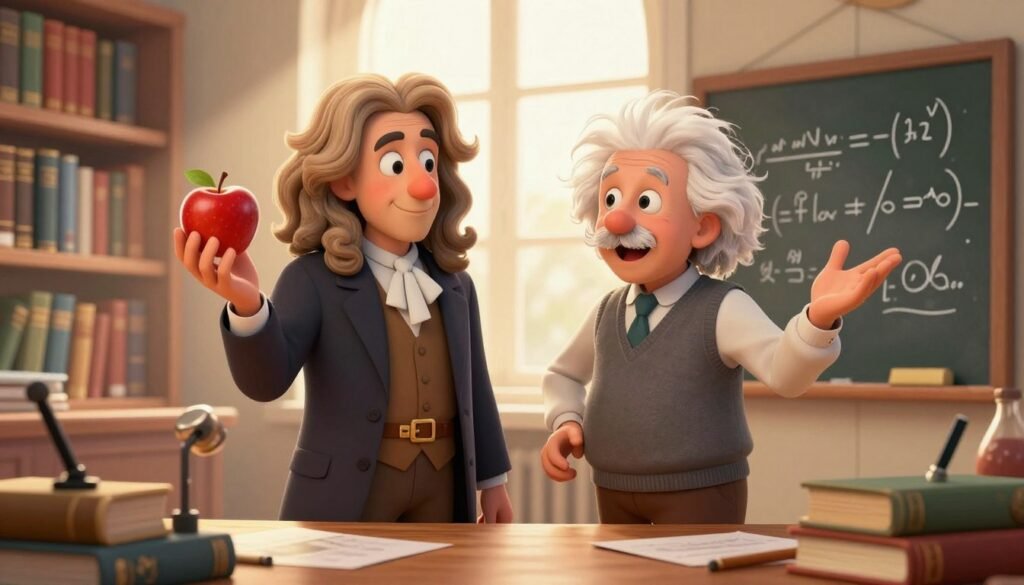 Isaac Newton and Albert Einstein are depicted in a collaborative scene, standing side by side in a bright, sunlit library. Newton, in a formal dark suit, holds a classic apple in one hand, symbolizing his gravitational discovery, while Einstein, dressed in a smart casual outfit with a sweater vest, gestures animatedly, holding a chalkboard filled with equations. The foreground shows books and scientific instruments scattered across a wooden table, with detailed shelves of old tomes in the background. Soft, warm lighting enhances their expressions of curiosity and determination. The atmosphere is one of inspiration and historical significance, perfectly illustrating the harmony of their groundbreaking ideas. The image is colorful, friendly, and minimal, showcasing the brilliance of these two iconic scientists. Created by Debsie. Isaac Newton and Albert Einstein are depicted in a collaborative scene, standing side by side in a bright, sunlit library. Newton, in a formal dark suit, holds a classic apple in one hand, symbolizing his gravitational discovery, while Einstein, dressed in a smart casual outfit with a sweater vest, gestures animatedly, holding a chalkboard filled with equations. The foreground shows books and scientific instruments scattered across a wooden table, with detailed shelves of old tomes in the background. Soft, warm lighting enhances their expressions of curiosity and determination. The atmosphere is one of inspiration and historical significance, perfectly illustrating the harmony of their groundbreaking ideas. The image is colorful, friendly, and minimal, showcasing the brilliance of these two iconic scientists. Created by Debsie.