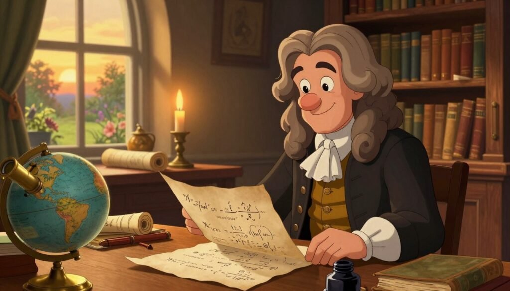 Isaac Newton, depicted as a distinguished scientist in a classic study filled with wooden bookshelves and ancient texts, his gaze focused on a large parchment covered in calculus equations. He wears a tailored 17th-century scholarly outfit, complete with an elegant waistcoat and lace collar. In the foreground, a brass telescope and a globe reflect his contributions to physics. The middle ground showcases a wooden desk cluttered with scrolls and an ink pot, illuminated by warm candlelight that creates a soft glow. In the background, a window reveals a serene garden bathed in golden sunset light. The atmosphere is thoughtful and inspiring, evoking a sense of discovery and intellectual pursuit. Colorful and friendly, the image reflects the spirit of inquiry. Debsie.