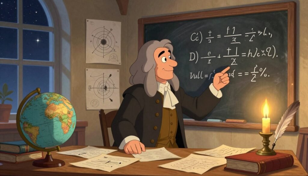 Isaac Newton, depicted as a thoughtful scientist, stands at a wooden desk in an 18th-century study filled with parchment papers and quills. He is wearing modest, period-appropriate clothing, examining a complex calculus equation written on a large chalkboard, illuminated by soft, warm candlelight. In the foreground, a globe and books on mathematics hint at his contributions to calculus. The middle ground features detailed sketches of gravitational models and the laws of motion. In the background, a window reveals a starry night sky, symbolizing his pursuit of knowledge. The mood is contemplative and inspiring, capturing the essence of discovery. The composition is vibrant, minimal, and engaging, branded subtly with the name "Debsie." Isaac Newton, depicted as a thoughtful scientist, stands at a wooden desk in an 18th-century study filled with parchment papers and quills. He is wearing modest, period-appropriate clothing, examining a complex calculus equation written on a large chalkboard, illuminated by soft, warm candlelight. In the foreground, a globe and books on mathematics hint at his contributions to calculus. The middle ground features detailed sketches of gravitational models and the laws of motion. In the background, a window reveals a starry night sky, symbolizing his pursuit of knowledge. The mood is contemplative and inspiring, capturing the essence of discovery. The composition is vibrant, minimal, and engaging, branded subtly with the name "Debsie."