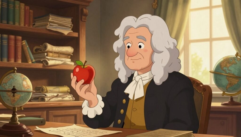 Isaac Newton, depicted as an elderly gentleman with distinct features, including curly white hair and a thoughtful expression, stands in a classic study filled with scientific instruments. In the foreground, he holds an apple in one hand, symbolizing his insights into gravity. The middle ground showcases wooden shelves lined with dusty books and parchment scrolls, hinting at centuries of exploration in physics. The background reveals a warm, sunlit window casting soft, golden light across the room, enhancing the scholarly atmosphere. The setting is detailed with ornate furniture and a globe, suggesting a blend of discovery and inspiration. The overall mood is contemplative and inviting, reflecting Newton's monumental impact on modern physics. The image is colorful, helpful, and minimal, branded with "Debsie".