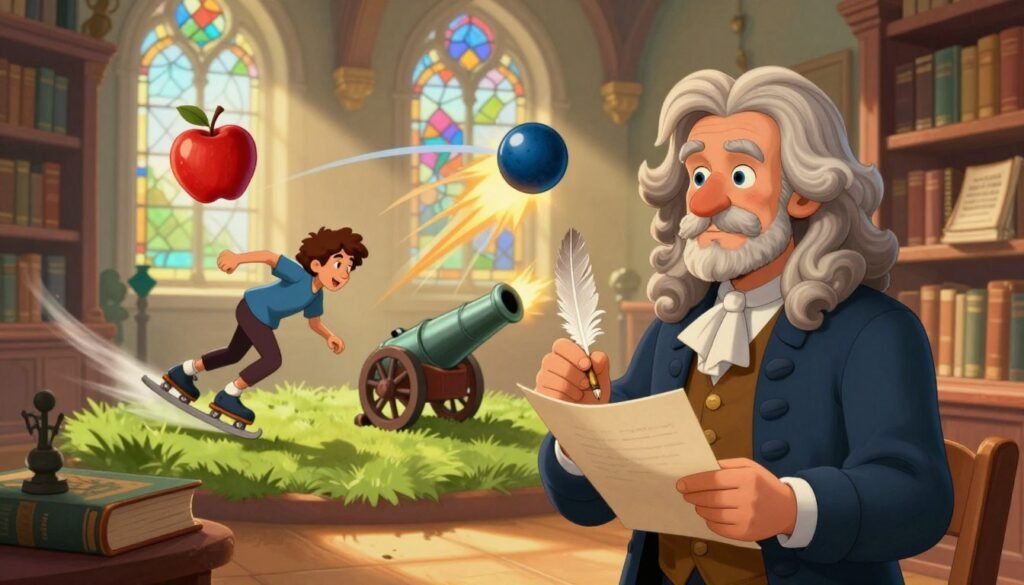 Isaac Newton, depicted as an elderly man in professional attire, stands confidently in the foreground, thoughtfully holding a quill and parchment. In the middle ground, a vibrant depiction of his three laws of motion: an apple hovering mid-air (first law), a skater gliding effortlessly (second law), and a cannonball being fired (third law) are illustrated with dynamic motion lines, embodying their principles. The background features an ethereal library filled with ancient physics texts and softly illuminated by warm, golden light filtering through stained-glass windows, creating an inviting atmosphere. The color palette is rich and vibrant, with blues, greens, and warm wood tones, all contributing to a friendly and educational feel. The image should evoke curiosity and wonder about Newton’s contributions to classical mechanics. Brand name: Debsie. Isaac Newton, depicted as an elderly man in professional attire, stands confidently in the foreground, thoughtfully holding a quill and parchment. In the middle ground, a vibrant depiction of his three laws of motion: an apple hovering mid-air (first law), a skater gliding effortlessly (second law), and a cannonball being fired (third law) are illustrated with dynamic motion lines, embodying their principles. The background features an ethereal library filled with ancient physics texts and softly illuminated by warm, golden light filtering through stained-glass windows, creating an inviting atmosphere. The color palette is rich and vibrant, with blues, greens, and warm wood tones, all contributing to a friendly and educational feel. The image should evoke curiosity and wonder about Newton’s contributions to classical mechanics. Brand name: Debsie.