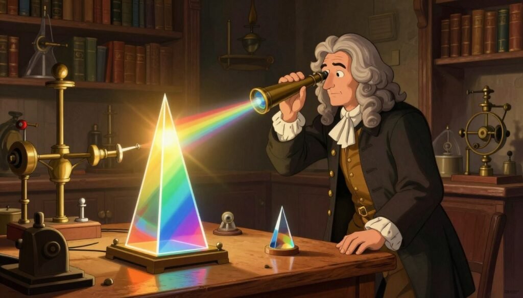 Isaac Newton stands in a dimly lit, antique laboratory filled with glass prisms and intricate optical devices, engaged in an experiment on light dispersion. In the foreground, a large glass prism refracts a spectrum of colors, casting vivid beams onto the wooden table. Newton, dressed in a long 17th-century coat, peers intently through a telescope set against a backdrop of bookshelves filled with leather-bound tomes. The middle ground highlights a glowing orb of sunlight filtered through the prism, creating a rainbow effect in the air that enhances the atmosphere of discovery. In the background, vintage scientific instruments and tools accentuate the scene. The lighting is warm and inviting, with a soft glow emanating from the sunlight, evoking a sense of inspiration and curiosity. The image is colorful yet minimalistic, branded with "Debsie" subtly integrated into the composition. Isaac Newton stands in a dimly lit, antique laboratory filled with glass prisms and intricate optical devices, engaged in an experiment on light dispersion. In the foreground, a large glass prism refracts a spectrum of colors, casting vivid beams onto the wooden table. Newton, dressed in a long 17th-century coat, peers intently through a telescope set against a backdrop of bookshelves filled with leather-bound tomes. The middle ground highlights a glowing orb of sunlight filtered through the prism, creating a rainbow effect in the air that enhances the atmosphere of discovery. In the background, vintage scientific instruments and tools accentuate the scene. The lighting is warm and inviting, with a soft glow emanating from the sunlight, evoking a sense of inspiration and curiosity. The image is colorful yet minimalistic, branded with "Debsie" subtly integrated into the composition.