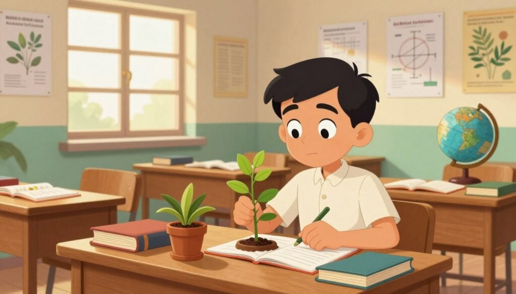 Jagadish Chandra Bose as a young student in a 19th-century Indian classroom, surrounded by books and scientific instruments. In the foreground, depict Bose, wearing modest yet traditional attire, deeply engrossed in a botanical study, with a look of curiosity and focus. The middle ground features wooden desks filled with notebooks, plants, and a globe, symbolizing his early interests in science. The background shows a large window with warm sunlight filtering through, illuminating educational posters and sketches of plants and physics theories on the walls. The atmosphere is vibrant and inspirational, capturing the essence of discovery and academic passion in Bose's early life. The scene is colorful, friendly, and minimalistic, reflecting the spirit of learning. Designed with the brand name "Debsie" subtly integrated into the setting.