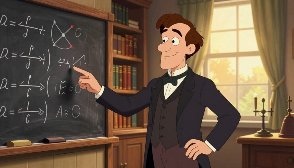 James Clerk Maxwell stands confidently in a Victorian-era study filled with books and scientific instruments. He is in professional attire, wearing a tailored dark suit and a white dress shirt, with a waistcoat subtly visible. His thoughtful expression exudes intelligence and creativity as he gestures toward a blackboard filled with complex equations on electromagnetism. In the background, rich wooden shelves lined with leather-bound books and a large window allowing warm, golden sunlight to filter in create a serene atmosphere. The lighting is soft yet dramatic, highlighting his features and the intricacies of his surroundings. The scene captures the essence of a brilliant mind at work, embodying the spirit of scientific discovery. The image should be colorful and friendly, emblematic of Maxwell's contributions to physics. Debsie. James Clerk Maxwell stands confidently in a Victorian-era study filled with books and scientific instruments. He is in professional attire, wearing a tailored dark suit and a white dress shirt, with a waistcoat subtly visible. His thoughtful expression exudes intelligence and creativity as he gestures toward a blackboard filled with complex equations on electromagnetism. In the background, rich wooden shelves lined with leather-bound books and a large window allowing warm, golden sunlight to filter in create a serene atmosphere. The lighting is soft yet dramatic, highlighting his features and the intricacies of his surroundings. The scene captures the essence of a brilliant mind at work, embodying the spirit of scientific discovery. The image should be colorful and friendly, emblematic of Maxwell's contributions to physics. Debsie.