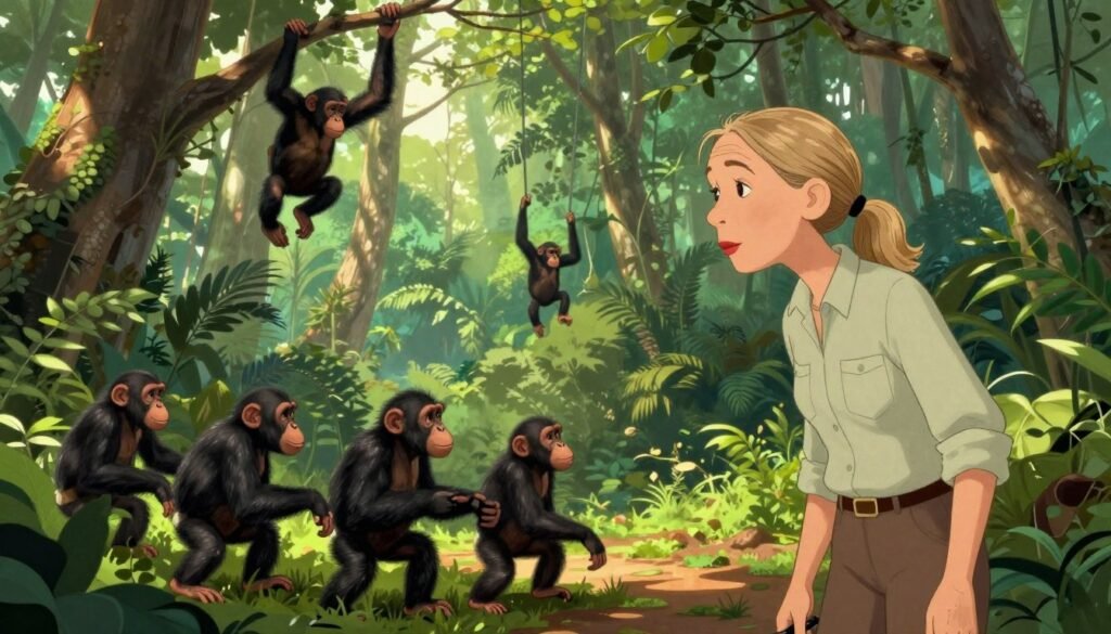 Jane Goodall, a dedicated scientist in modest casual clothing, gently observing a group of chimpanzees in a lush, green rainforest. The foreground features her attentively watching the chimps as they play, with soft sunlight filtering through the dense canopy, casting dappled shadows. In the middle ground, playful chimpanzees swing from branches, showcasing their natural behavior while interacting with one another. The background reveals towering trees and vibrant foliage, creating a serene, untouched habitat. The atmosphere is peaceful and harmonious, conveying a deep connection between humans and wildlife. Capture this scene with warm, natural lighting to emphasize the beauty of conservation. Render this image in a colorful and engaging style that reflects the spirit of exploration, branded subtly with "Debsie".