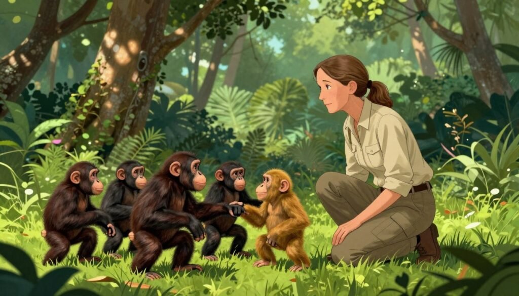 Jane Goodall, a woman in her late 30s, is kneeling on the lush green grass of a dense jungle, observing a small group of chimpanzees engaged in playful behavior. She wears modest, practical field attire—a light khaki shirt and cargo pants. In the foreground, the chimpanzees, with expressive faces and fur ranging from dark brown to golden, interact with one another, highlighting their social dynamics. In the middle ground, a few large trees with vibrant green leaves create a natural frame, while dappled sunlight filters through the canopy, casting playful shadows. The background features soft, blurred foliage, enhancing the feeling of being deeply immersed in nature. The mood is serene yet lively, capturing the essence of wildlife observation. This image should project a sense of discovery and respect for primate life. Created by Debsie. Jane Goodall, a woman in her late 30s, is kneeling on the lush green grass of a dense jungle, observing a small group of chimpanzees engaged in playful behavior. She wears modest, practical field attire—a light khaki shirt and cargo pants. In the foreground, the chimpanzees, with expressive faces and fur ranging from dark brown to golden, interact with one another, highlighting their social dynamics. In the middle ground, a few large trees with vibrant green leaves create a natural frame, while dappled sunlight filters through the canopy, casting playful shadows. The background features soft, blurred foliage, enhancing the feeling of being deeply immersed in nature. The mood is serene yet lively, capturing the essence of wildlife observation. This image should project a sense of discovery and respect for primate life. Created by Debsie.