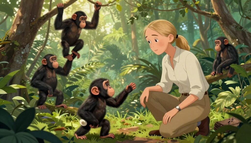 Jane Goodall, dressed in a modest light-colored shirt and khaki pants, kneeling in a lush green jungle, observing a group of chimpanzees in their natural habitat. The foreground features a curious young chimp reaching out toward her, symbolizing the connection between humans and nature. In the middle ground, several chimpanzees are playing and interacting among the trees, showcasing their social behavior. The background displays a dense forest under soft, dappled sunlight filtering through the leaves, creating a warm and inviting atmosphere. The composition captures a sense of peace and curiosity, highlighting the ethics of observation in wildlife study. The scene is vibrant with rich greens and earthy browns, evoking a friendly and enlightening mood. Rendered in a realistic style to emphasize the relationship between Jane and the chimps. Debsie. Jane Goodall, dressed in a modest light-colored shirt and khaki pants, kneeling in a lush green jungle, observing a group of chimpanzees in their natural habitat. The foreground features a curious young chimp reaching out toward her, symbolizing the connection between humans and nature. In the middle ground, several chimpanzees are playing and interacting among the trees, showcasing their social behavior. The background displays a dense forest under soft, dappled sunlight filtering through the leaves, creating a warm and inviting atmosphere. The composition captures a sense of peace and curiosity, highlighting the ethics of observation in wildlife study. The scene is vibrant with rich greens and earthy browns, evoking a friendly and enlightening mood. Rendered in a realistic style to emphasize the relationship between Jane and the chimps. Debsie.