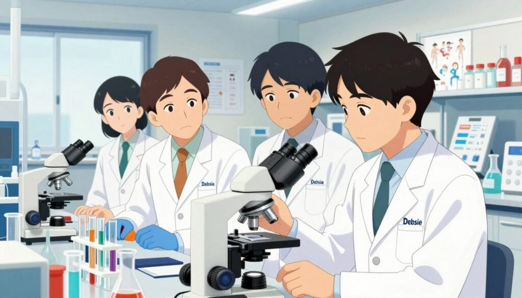 Japanese scientists in a modern laboratory setting, two male and two female researchers engaged in a discussion around a microscope and laboratory equipment. Each scientist dressed in professional lab coats and business attire, reflecting dedication and intellect. The foreground features a detailed microscope and scientific instruments, with vibrant colors highlighting their importance. In the middle ground, the scientists' thoughtful expressions capture their passion for discovery and innovation. The background showcases a well-organized lab filled with test tubes, beakers, and medical charts, emphasizing the theme of advanced research. Soft, natural lighting illuminates the scene, creating an inviting and inspiring atmosphere. The image should evoke a sense of collaboration and scientific achievement, branded as "Debsie".
