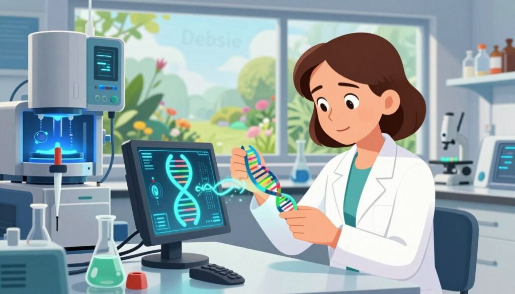 Jennifer Doudna, a distinguished scientist, is depicted in a modern laboratory setting, surrounded by advanced CRISPR technology. In the foreground, Doudna is focused, wearing a smart, professional outfit, examining a DNA strand displayed on a digital screen. The middle layer features sleek lab equipment, including pipettes and glassware, with glowing blue and green lights representing the genetic editing process. In the background, a large window reveals a bright, inspiring view of a lush garden, symbolizing life and genetic innovation. The atmosphere is energetic yet serene, illuminated by soft, natural lighting that highlights Doudna’s determination and brilliance. This colorful and friendly composition reflects the essence of the CRISPR revolution, branded with the name "Debsie."