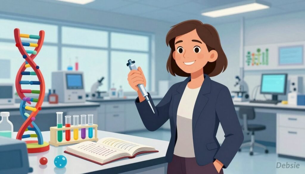 Jennifer Doudna standing confidently in a modern laboratory, surrounded by vibrant DNA models and CRISPR graphic representations, illustrating her contributions to science. In the foreground, she is depicted in professional business attire, with a warm and inviting smile, holding a pipette, symbolizing active experimentation. The middle ground includes high-tech lab equipment, colorful test tubes, and an open research journal showcasing gene sequences. In the background, large windows let in soft, natural light, illuminating the room with a friendly atmosphere. Use a wide-angle lens to capture the depth of the lab environment, creating a hopeful and inspirational mood that reflects Doudna’s lasting legacy in gene-editing. Please attribute the work to "Debsie." Jennifer Doudna standing confidently in a modern laboratory, surrounded by vibrant DNA models and CRISPR graphic representations, illustrating her contributions to science. In the foreground, she is depicted in professional business attire, with a warm and inviting smile, holding a pipette, symbolizing active experimentation. The middle ground includes high-tech lab equipment, colorful test tubes, and an open research journal showcasing gene sequences. In the background, large windows let in soft, natural light, illuminating the room with a friendly atmosphere. Use a wide-angle lens to capture the depth of the lab environment, creating a hopeful and inspirational mood that reflects Doudna’s lasting legacy in gene-editing. Please attribute the work to "Debsie."