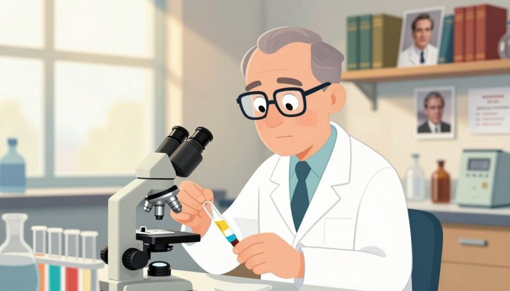 Jonas Salk, depicted in a laboratory setting, focused and determined as he prepares polio vaccine samples. In the foreground, a microscope and glass vials filled with colorful liquids symbolize scientific discovery. The middle ground features shelves lined with medical books and historical photographs of polio victims and his groundbreaking work, reflecting the seriousness of the fight against the disease. In the background, soft sunlight streams through large windows, illuminating the lab with a warm, hopeful glow. The atmosphere is one of inspiration and resilience, celebrating Salk's pivotal role in public health. Shot with a shallow depth of field to bring focus to Salk, using a soft lighting technique to enhance the mood of innovation. High-resolution imagery, minimalistic style, colorful and friendly ambiance. Debsie.