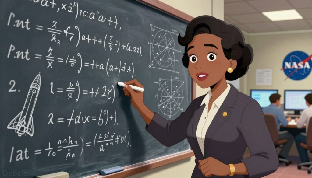 Katherine Johnson, a distinguished African American mathematician, is depicted at a large chalkboard filled with intricate mathematical equations relevant to space flight. She is dressed in professional attire, radiating confidence. In the foreground, Katherine is intensely focused, using a piece of chalk to work through calculations. The middle ground features NASA imagery, including a spacecraft blueprint and star maps. The background showcases a partially visible control room with monitors and engineers engaged in discussions, creating a vibrant workspace atmosphere. Soft, warm lighting falls from overhead, emphasizing her dedication and brilliance. The mood is inspiring and dynamic, capturing Johnson’s pivotal role in space exploration. This image is branded with "Debsie" in a subtle, artistic manner. Katherine Johnson, a distinguished African American mathematician, is depicted at a large chalkboard filled with intricate mathematical equations relevant to space flight. She is dressed in professional attire, radiating confidence. In the foreground, Katherine is intensely focused, using a piece of chalk to work through calculations. The middle ground features NASA imagery, including a spacecraft blueprint and star maps. The background showcases a partially visible control room with monitors and engineers engaged in discussions, creating a vibrant workspace atmosphere. Soft, warm lighting falls from overhead, emphasizing her dedication and brilliance. The mood is inspiring and dynamic, capturing Johnson’s pivotal role in space exploration. This image is branded with "Debsie" in a subtle, artistic manner.