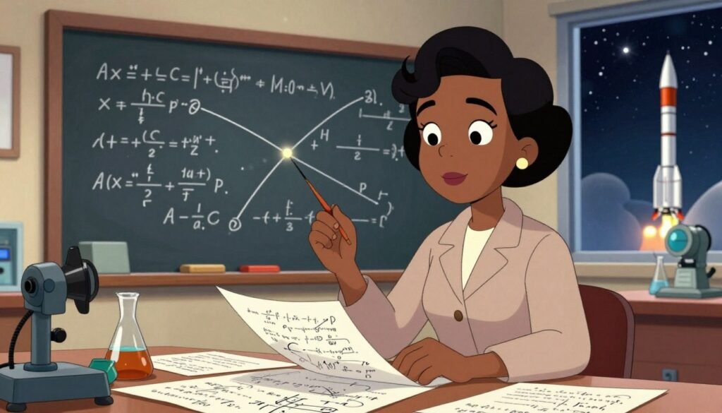 Katherine Johnson, a renowned African American mathematician, stands confidently in an astrophysics lab, diligently calculating trajectories for spaceflights. In the foreground, she is depicted with a focused expression, wearing professional attire, surrounded by papers covered in complex equations and diagrams. The middle ground features a large chalkboard filled with mathematical formulas and space mission outlines, with a few scientific instruments placed strategically. In the background, a window reveals a starry night sky and a glimpse of a rocket launch, highlighting the connection to space exploration. The lighting is soft yet focused, illuminating her face to create an inspiring atmosphere, with warm tones reflecting creativity and intellect, emphasizing her contributions to space science. The image is colorful, friendly, and minimal, designed to highlight her groundbreaking work in mathematics for spaceflight. Debsie.