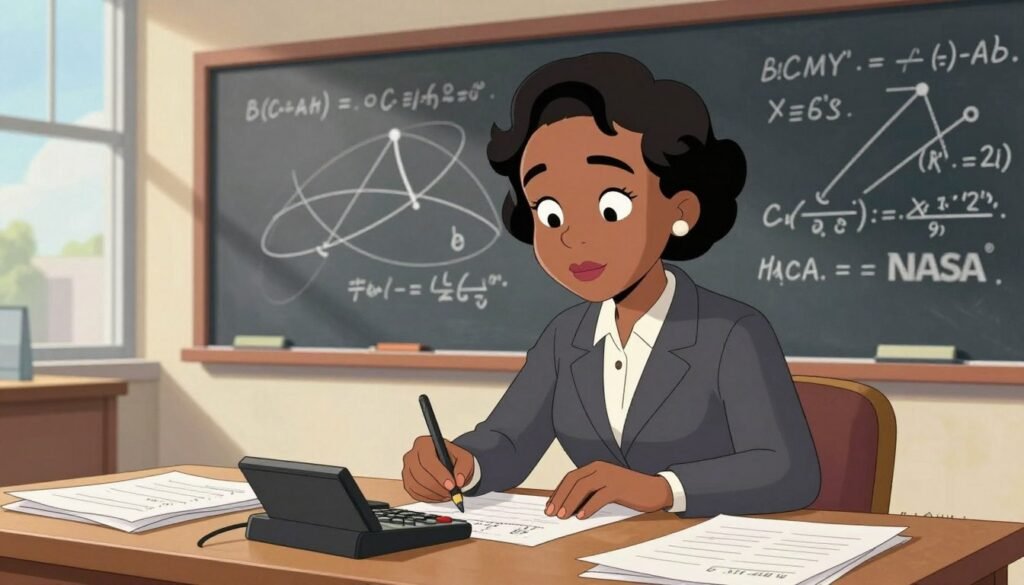 Katherine Johnson, an African American mathematician known for her groundbreaking work at NASA, is depicted in a professional setting. In the foreground, she is shown intently focused on complex mathematical calculations, surrounded by papers and a vintage calculator. She wears a smart, modest business attire, conveying professionalism. In the middle ground, a chalkboard displays intricate equations and orbital trajectories, symbolizing her contributions to space exploration. The background features a NASA facility with large windows, allowing soft, natural sunlight to illuminate the scene. The atmosphere is one of determination and intellect, capturing the essence of her legacy as a pioneer in mathematics and space science. The image is colorful and friendly, designed to inspire admiration for her achievements. Branding for "Debsie" is incorporated subtly in the corner of the image.