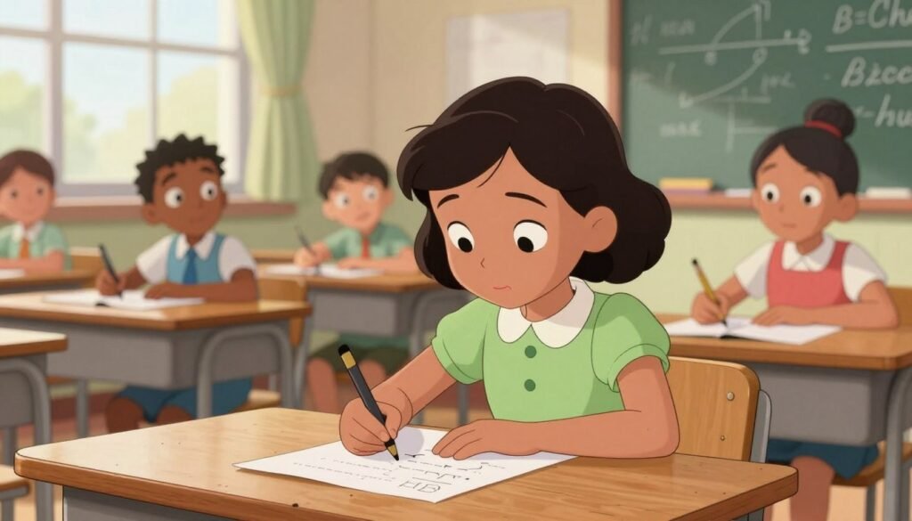 Katherine Johnson as a young girl in her early life, sitting at a wooden desk in a bright classroom, focused on solving mathematical problems. She wears a modest, colorful dress, her hair styled in a simple but tidy manner. In the foreground, she is surrounded by chalkboards filled with equations and diagrams, emphasizing her academic brilliance. In the middle ground, classmates are engaging in learning, their expressions curious and supportive. The background features large windows letting in warm, natural light, creating an inviting atmosphere. The image has a soft focus, taken from a slightly elevated angle to capture the essence of her determination and intelligence. The overall mood is vibrant and inspiring, illustrating the joy of learning. Debsie. Katherine Johnson as a young girl in her early life, sitting at a wooden desk in a bright classroom, focused on solving mathematical problems. She wears a modest, colorful dress, her hair styled in a simple but tidy manner. In the foreground, she is surrounded by chalkboards filled with equations and diagrams, emphasizing her academic brilliance. In the middle ground, classmates are engaging in learning, their expressions curious and supportive. The background features large windows letting in warm, natural light, creating an inviting atmosphere. The image has a soft focus, taken from a slightly elevated angle to capture the essence of her determination and intelligence. The overall mood is vibrant and inspiring, illustrating the joy of learning. Debsie.