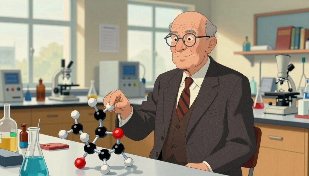 Linus Pauling, an esteemed scientist known for his groundbreaking work in chemistry, stands confidently in a well-lit laboratory filled with colorful molecular models and equipment. He is dressed in a tailored suit, embodying professionalism and intellect. The foreground features Pauling interacting with a molecular structure, emphasizing his role in the chemistry of life. The middle ground showcases various scientific instruments and books, creating an engaging atmosphere that highlights his contributions to science. In the background, bright daylight filters through large windows, bringing a warm ambiance. The scene captures a moment of contemplation, deep in thought about the molecular complexities of life, with a friendly and approachable demeanor. The image is bright and colorful, fully illustrating the essence of innovation and discovery in science. Debsie. Linus Pauling, an esteemed scientist known for his groundbreaking work in chemistry, stands confidently in a well-lit laboratory filled with colorful molecular models and equipment. He is dressed in a tailored suit, embodying professionalism and intellect. The foreground features Pauling interacting with a molecular structure, emphasizing his role in the chemistry of life. The middle ground showcases various scientific instruments and books, creating an engaging atmosphere that highlights his contributions to science. In the background, bright daylight filters through large windows, bringing a warm ambiance. The scene captures a moment of contemplation, deep in thought about the molecular complexities of life, with a friendly and approachable demeanor. The image is bright and colorful, fully illustrating the essence of innovation and discovery in science. Debsie.