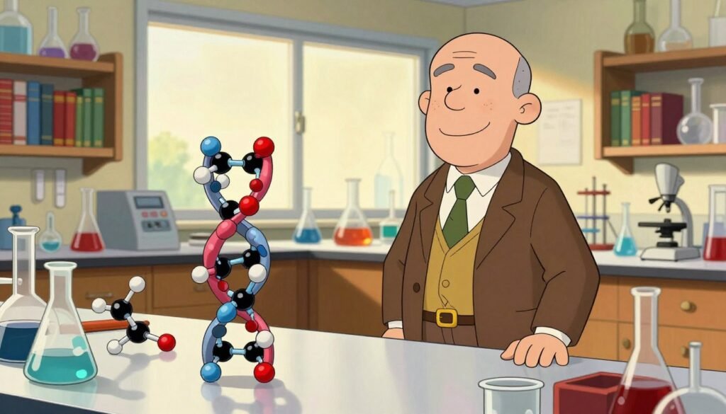 Linus Pauling stands in a well-lit laboratory, surrounded by colorful molecular models representing his groundbreaking work in chemistry and quantum mechanics. He wears professional business attire, exuding confidence and intellect. In the foreground, a detailed model of an alpha helix structure is prominently displayed on a table, symbolizing his contributions to molecular biology. The middle ground features shelves filled with chemistry books and glassware, while the background showcases a large window letting in warm natural light, creating a welcoming atmosphere. The scene has a vibrant color palette, emphasizing the excitement of scientific discovery. The image captures a sense of innovation and curiosity, ideal for depicting the theme of the quantum revolution. Debsie. Linus Pauling stands in a well-lit laboratory, surrounded by colorful molecular models representing his groundbreaking work in chemistry and quantum mechanics. He wears professional business attire, exuding confidence and intellect. In the foreground, a detailed model of an alpha helix structure is prominently displayed on a table, symbolizing his contributions to molecular biology. The middle ground features shelves filled with chemistry books and glassware, while the background showcases a large window letting in warm natural light, creating a welcoming atmosphere. The scene has a vibrant color palette, emphasizing the excitement of scientific discovery. The image captures a sense of innovation and curiosity, ideal for depicting the theme of the quantum revolution. Debsie.