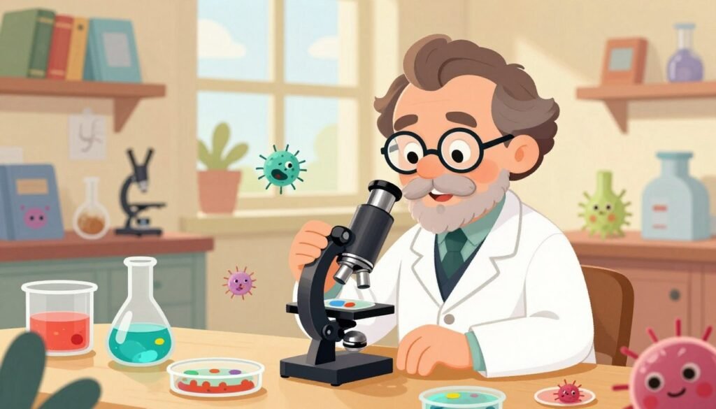 Louis Pasteur, depicted as a friendly scientist with a welcoming smile, wearing a white lab coat and glasses. He is shown in a bright, cheerful laboratory filled with colorful petri dishes and glass flasks. In the foreground, Pasteur is holding a microscope, examining a slide, with small visible germs around him represented in a friendly, cartoonish style to appeal to kids. The middle ground features shelves filled with science books and illustrations of germ-fighting concepts. The background is a sunny window with plants, creating a positive atmosphere. Soft, warm lighting enhances the inviting mood, capturing the essence of discovery and learning. Illustration style is vibrant and engaging, suitable for a children's article about science. Designed by Debsie.