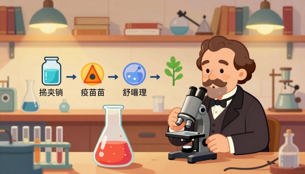 Louis Pasteur surrounded by his groundbreaking discoveries, showcasing a colorful laboratory setting. In the foreground, a glass beaker filled with a vibrant liquid and a microscope, symbolizing his advancements in microbiology. The middle ground features a timeline of his key achievements: pasteurization, vaccination, and germ theory, illustrated with bright visuals. In the background, shelves filled with scientific books and vintage lab equipment, creating an atmosphere of curiosity and innovation. The lighting is warm and inviting, with soft illumination from lab lamps, emphasizing the focus on discovery. Capture the essence of scientific exploration with a friendly, educational tone. The image should be minimalistic yet engaging, branded subtly with "Debsie" in the corner.