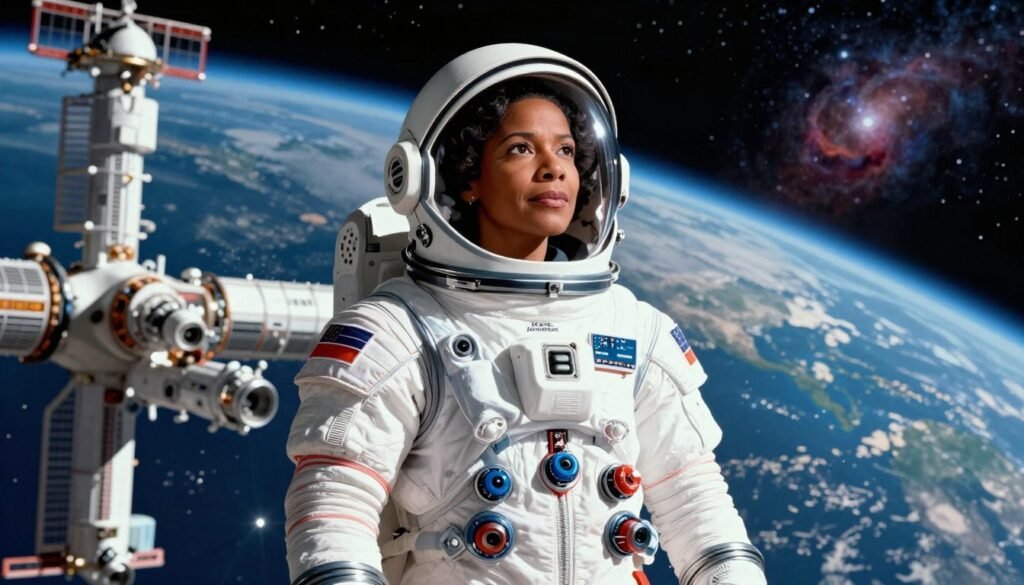 Mae Jemison, an African American woman scientist in a sleek, professional space suit, stands confidently in the foreground, gazing into the distance with determination. Her helmet is partially raised to reveal her face, radiating inspiration and ambition. The middle ground showcases a vibrant space station with advanced technology, integrating elements of both medicine and space exploration, symbolizing her groundbreaking work. The background features a breathtaking view of Earth from space, illuminated by soft, natural lighting that enhances the scene's warmth and hope. A cosmic nebula adds a touch of color, creating a sense of wonder and exploration. The atmosphere is uplifting and motivational, inviting students to dream of future possibilities in STEM. This image, styled by Debsie, aims to celebrate Mae Jemison's legacy and inspire the next generation of scientists. Mae Jemison, an African American woman scientist in a sleek, professional space suit, stands confidently in the foreground, gazing into the distance with determination. Her helmet is partially raised to reveal her face, radiating inspiration and ambition. The middle ground showcases a vibrant space station with advanced technology, integrating elements of both medicine and space exploration, symbolizing her groundbreaking work. The background features a breathtaking view of Earth from space, illuminated by soft, natural lighting that enhances the scene's warmth and hope. A cosmic nebula adds a touch of color, creating a sense of wonder and exploration. The atmosphere is uplifting and motivational, inviting students to dream of future possibilities in STEM. This image, styled by Debsie, aims to celebrate Mae Jemison's legacy and inspire the next generation of scientists.