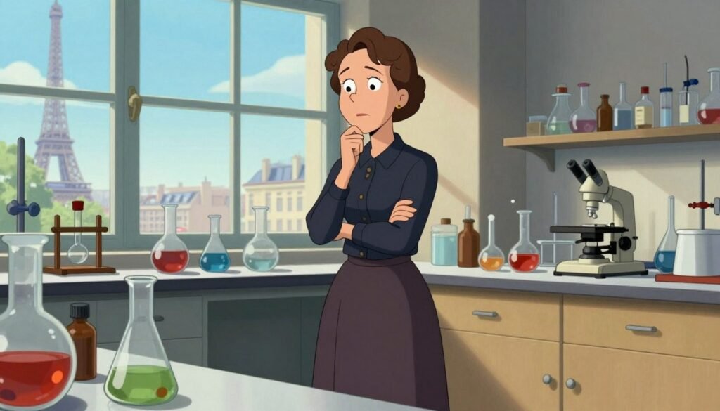 Marie Curie, a distinguished scientist, stands confidently in a Parisian laboratory, surrounded by glass beakers and scientific instruments, her expression thoughtful and focused. She is dressed in a professional dark blouse and a long skirt, symbolizing her dedication to science. In the foreground, a collection of scientific paraphernalia reflects her groundbreaking research on radioactivity. The middle ground features a large window allowing natural light to pour in, casting soft shadows that enhance the atmosphere of discovery. The background showcases a glimpse of Paris through the window, with the iconic Eiffel Tower visible in the distance, under a clear blue sky. The overall mood of the image is inspirational and empowering, with vibrant colors that celebrate her legacy. Debsie.