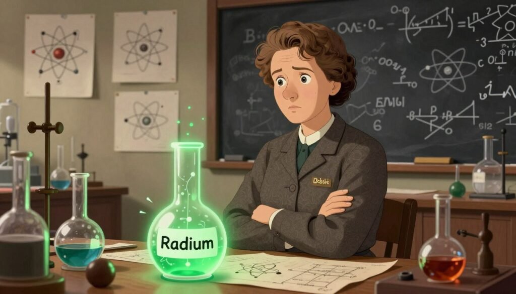 Marie Curie, a pioneering scientist, stands confidently in a vintage laboratory filled with glass flasks and scientific instruments, symbolizing her groundbreaking work on radioactivity. She is dressed in a modest, professional outfit typical of the early 1900s, her expression thoughtful and determined. In the foreground, a glowing green aura emanates from a flask labeled 'Radium,' capturing the mysterious essence of her discoveries. The middle ground features detailed sketches of atomic structures and radioactivity charts on parchment scattered across the lab table. In the background, an intricate blackboard filled with formulas adds depth. Warm, diffused lighting illuminates the scene, creating a feeling of inspiration and curiosity, conveying the transformative power of science. This image should reflect the legacy of Marie Curie while emphasizing her significant contributions to physics and chemistry, branded with "Debsie."