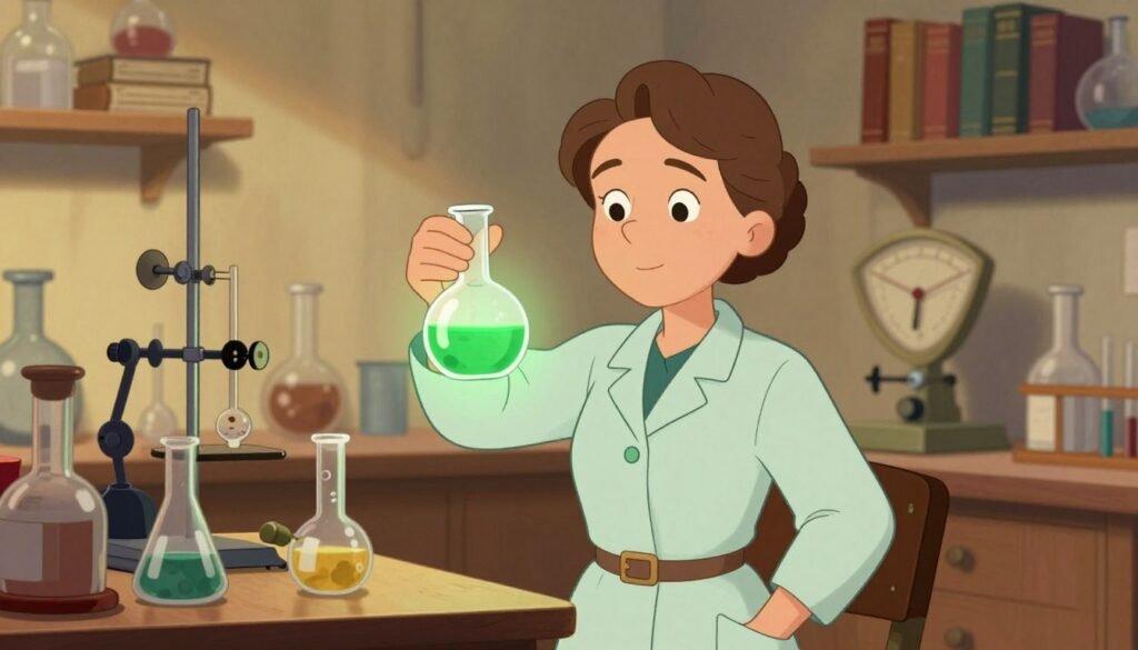 Marie Curie, a pioneering scientist, stands confidently in her laboratory, immersed in her research. In the foreground, she is depicted in a modest, professional outfit, holding a flask filled with a glowing green substance, symbolizing her groundbreaking work in radioactivity. The middle ground features an array of vintage lab equipment, such as beakers and scales, all crafted with rich details. The background subtly shows shelves lined with scientific books and elements from the early 20th century, creating an authentic atmosphere. Soft, warm lighting illuminates the scene, casting gentle shadows that enhance her focused expression. Capture the mood of determination and persistence, embodying Curie's legacy as a role model for future scientists. This image should be colorful, friendly, and minimal, reflecting the inspirational nature of her contributions to science. Designed by Debsie.