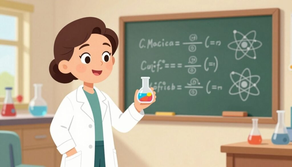 Marie Curie depicted as a friendly, approachable scientist for kids, wearing a modest, professional outfit with her hair tied back. In the foreground, she is smiling and holding a small beaker with colorful liquids, symbolizing her groundbreaking work in chemistry and physics. The middle ground features a chalkboard filled with simple equations and sketches of atoms, showcasing her contributions to science in an engaging way. The background includes a bright, cheerful laboratory filled with colorful scientific equipment, illuminated by warm, natural lighting. The atmosphere is inspiring and educational, inviting curiosity and showcasing the spirit of persistence. The overall mood is vibrant and inviting, perfect for a children's article. Created by Debsie.
