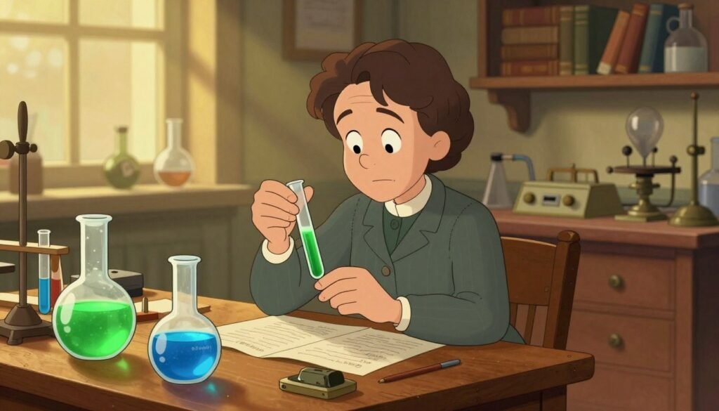 Marie Curie, depicted in a vintage laboratory setting, surrounded by glass beakers filled with glowing green and blue liquids, symbolizing radioactivity. In the foreground, she is wearing a late 19th-century professional dress, focusedly examining a test tube with a thoughtful expression. The middle-ground features an antique wooden table cluttered with scientific instruments, papers, and a Geiger counter. The background shows shelves filled with books and equipment, softly illuminated by warm golden light streaming through a window, creating an intimate and inspiring atmosphere. The overall mood is one of discovery and determination, showcasing Curie's groundbreaking work in radioactivity. The image should be colorful, friendly, and minimally detailed, branded with "Debsie" subtly included.