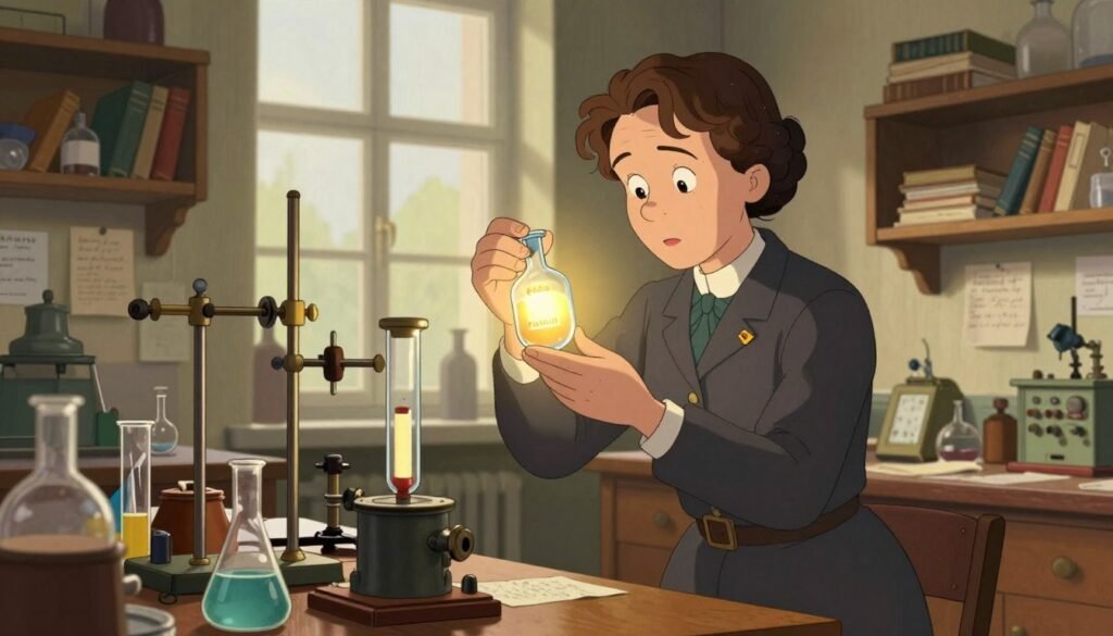 Marie Curie, dressed in early 20th-century professional attire, stands intently in a cluttered laboratory filled with apparatus for radioactivity research. In the foreground, she examines a glass vial filled with glowing radium, illuminating her focused expression. The middle ground features antique scientific equipment, like beakers and Bunsen burners, set against wooden shelves brimming with books and handwritten notes, hinting at her groundbreaking discoveries. In the background, soft natural light filters through large windows, casting a warm glow across the scene, creating an atmosphere of intellectual curiosity and determination. The composition is framed with a slight tilt, giving a dynamic perspective while highlighting Marie’s pioneering spirit. The image is colorful, vibrant, and inviting, with a touch of vintage aesthetic, embodying the essence of scientific inquiry. Debsie.
